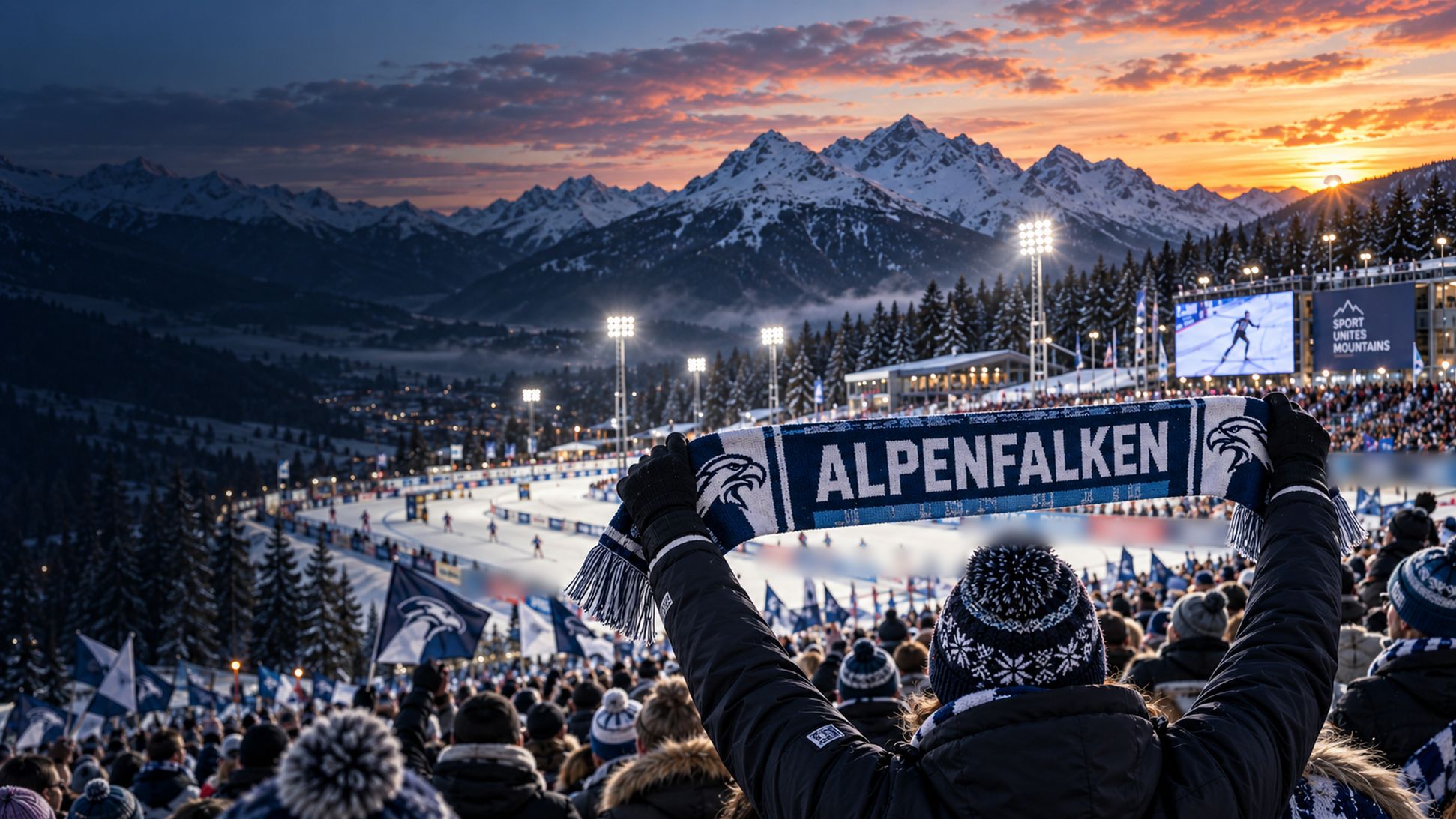 Wintersport-Fan hält den Strickschal „Alpenfalken“ hoch