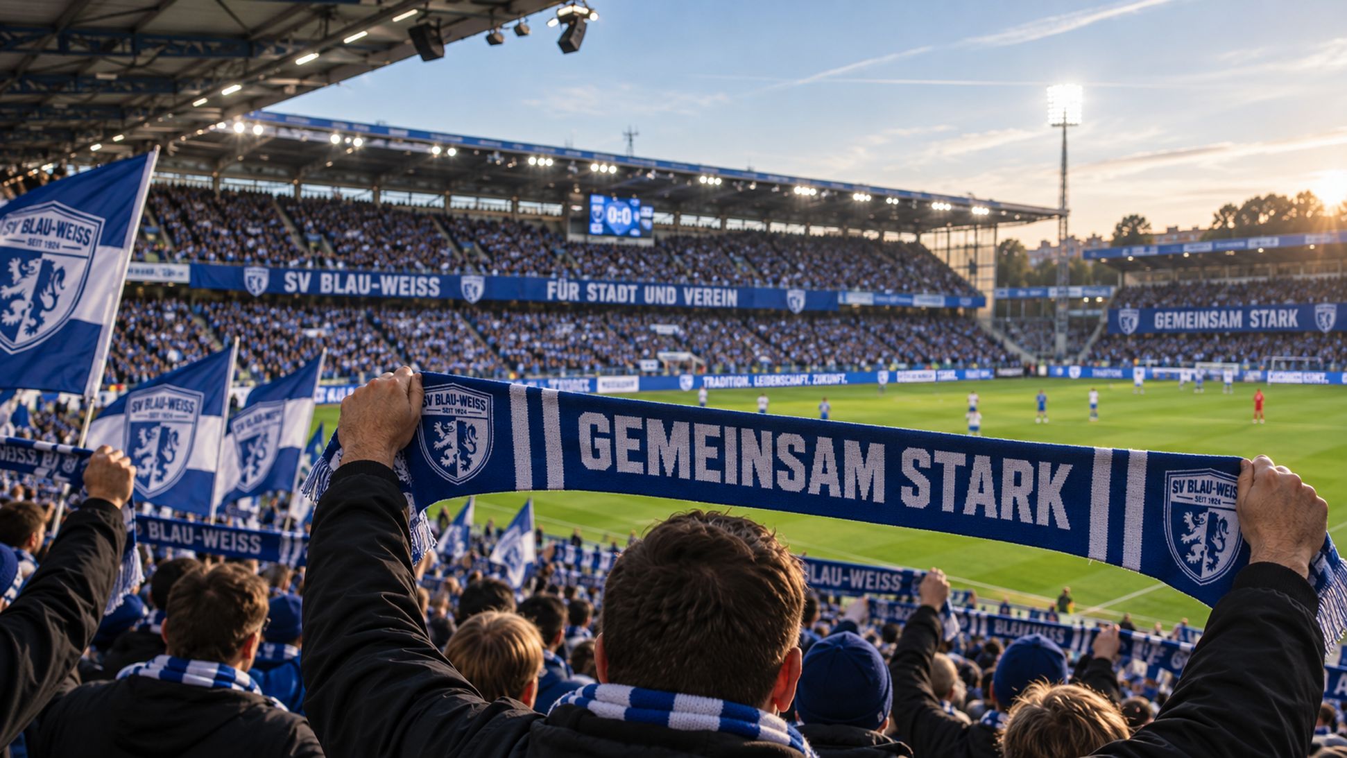 Fan hält einen blau-weißen Fanschal mit Vereinswappen hoch