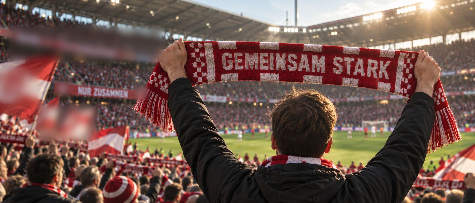 Fan hält im Stadion einen rot-weißen Strickschal hoch